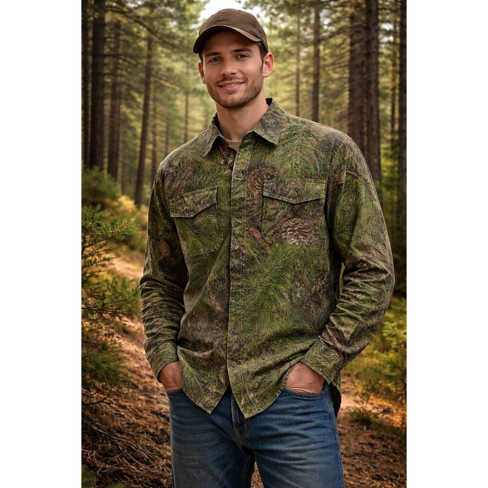 True Timber Pine Camo Men's Shirt L 18/35 Green Hunting Camping Made in U.S.A